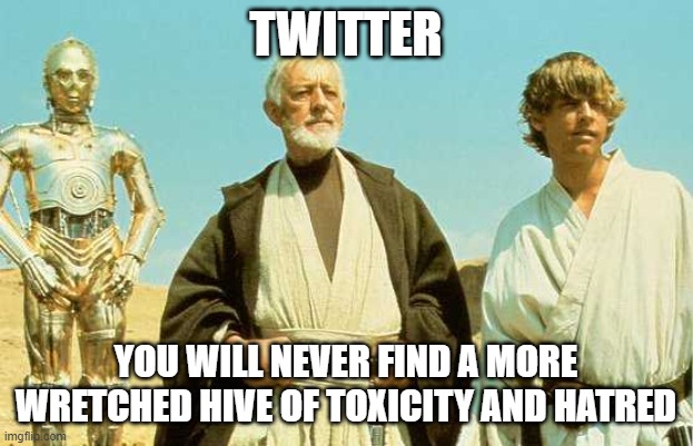 you will never find more wretched hive of scum and villainy | TWITTER; YOU WILL NEVER FIND A MORE WRETCHED HIVE OF TOXICITY AND HATRED | image tagged in you will never find more wretched hive of scum and villainy | made w/ Imgflip meme maker