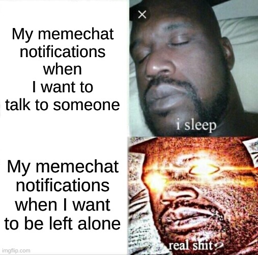 Sleeping Shaq | My memechat notifications when I want to talk to someone; My memechat notifications when I want to be left alone | image tagged in memes,sleeping shaq | made w/ Imgflip meme maker