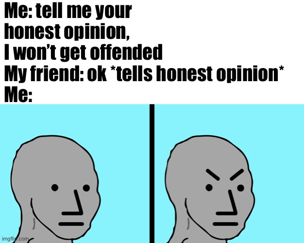 yeah | Me: tell me your honest opinion, I won’t get offended 
My friend: ok *tells honest opinion* 
Me: | image tagged in angry npc bottom two | made w/ Imgflip meme maker