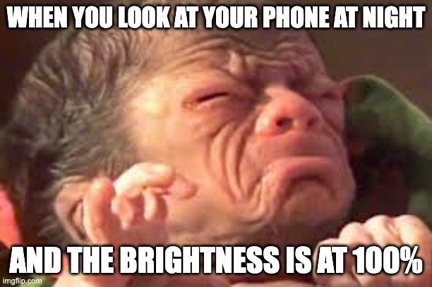 Bright phone | WHEN YOU LOOK AT YOUR PHONE AT NIGHT; AND THE BRIGHTNESS IS AT 100% | image tagged in phone | made w/ Imgflip meme maker