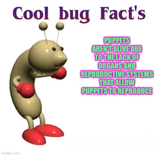 Cool Bug Facts | PUPPETS AREN'T ALIVE DUE TO THE LACK OF ORGANS AND REPRODUCTIVE SYSTEMS THAT ALLOW PUPPETS TO REPRODUCE | image tagged in cool bug facts | made w/ Imgflip meme maker