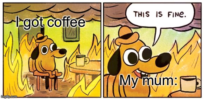 Hhhh | I got coffee; My mum: | image tagged in memes,this is fine | made w/ Imgflip meme maker
