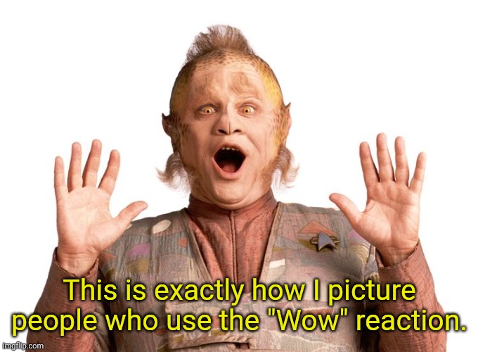Neelix Wow | This is exactly how I picture people who use the "Wow" reaction. | image tagged in neelix shocked,memes,star trek,star trek voyager,voyager | made w/ Imgflip meme maker