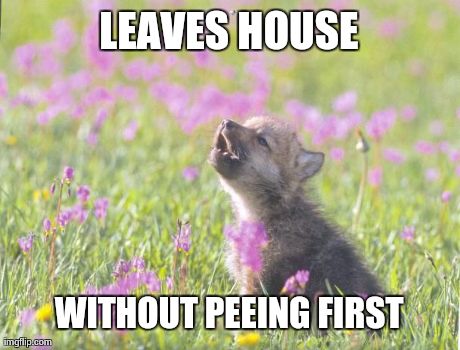 Baby Insanity Wolf | LEAVES HOUSE WITHOUT PEEING FIRST | image tagged in memes,baby insanity wolf | made w/ Imgflip meme maker