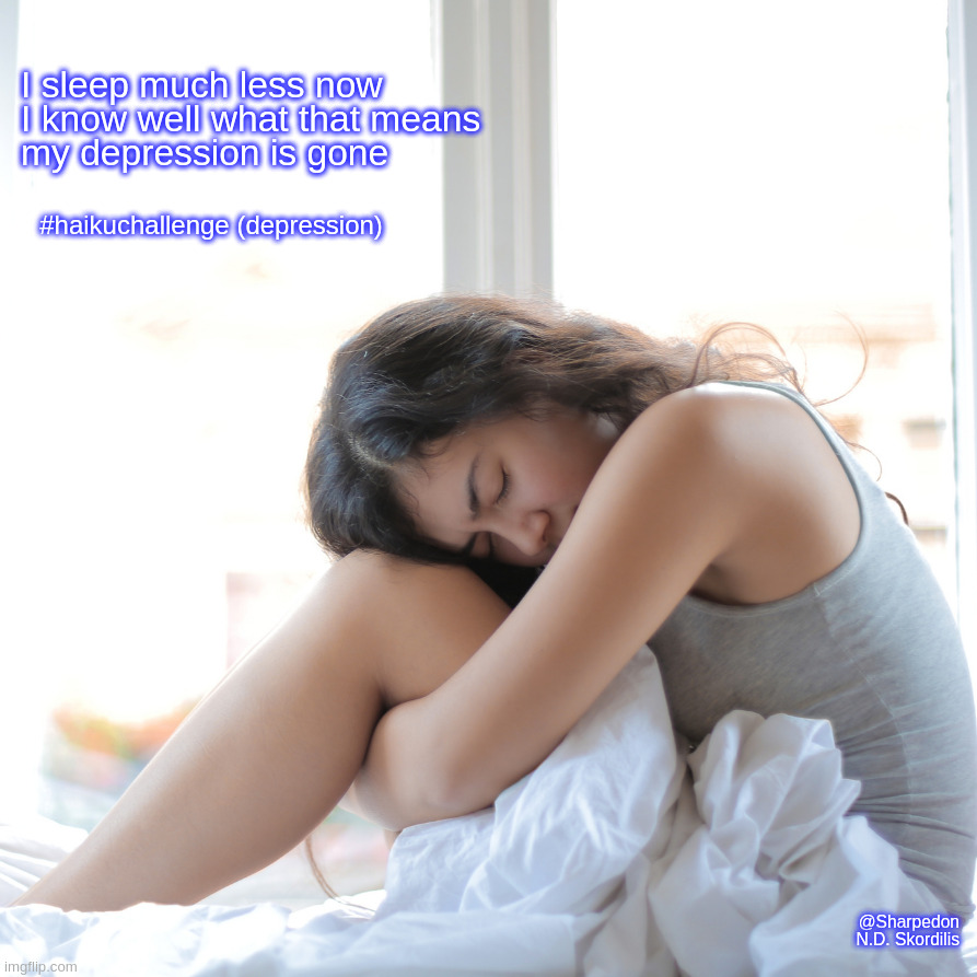 Haiku #10 (depression) | I sleep much less now 

I know well what that means 
my depression is gone; #haikuchallenge (depression); @Sharpedon
N.D. Skordilis | image tagged in haiku,poetry,depression,mental health | made w/ Imgflip meme maker