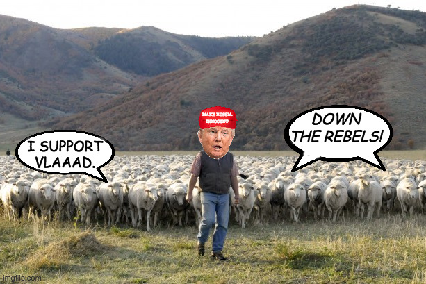 Sheep drive. | DOWN THE REBELS! MAKE RUSSIA
INNOCENT; I SUPPORT VLAAAD. | image tagged in memes,trump supporters,sheep drive | made w/ Imgflip meme maker
