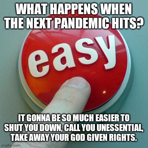 There's always another pandemic | WHAT HAPPENS WHEN THE NEXT PANDEMIC HITS? IT GONNA BE SO MUCH EASIER TO SHUT YOU DOWN, CALL YOU UNESSENTIAL, TAKE AWAY YOUR GOD GIVEN RIGHTS. | image tagged in the easy button,run for your life,fighting,freedom,this onion won't make me cry,stand up | made w/ Imgflip meme maker