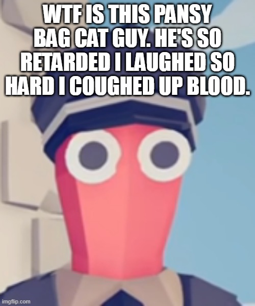 PLEASE DONT BAN THIS GUY, THINGS TO LAUGH AT ARE RARE NOWADAYS- | WTF IS THIS PANSY BAG CAT GUY. HE'S SO RETARDED I LAUGHED SO HARD I COUGHED UP BLOOD. | image tagged in tabs stare | made w/ Imgflip meme maker