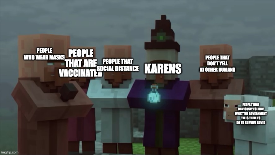 Villager News Pissed | PEOPLE THAT ARE VACCINATED; PEOPLE WHO WEAR MASKS; KARENS; PEOPLE THAT DON'T YELL AT OTHER HUMANS; PEOPLE THAT SOCIAL DISTANCE; PEOPLE THAT OBVIOUSLY FOLLOW WHAT THE GOVERNMENT TELLS THEM TO DO TO SURVIVE COVID | image tagged in villager news pissed | made w/ Imgflip meme maker