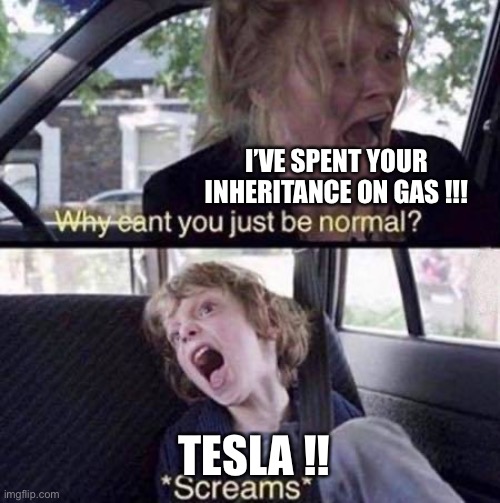 Why Can't You Just Be Normal | I’VE SPENT YOUR INHERITANCE ON GAS !!! TESLA !! | image tagged in why can't you just be normal | made w/ Imgflip meme maker