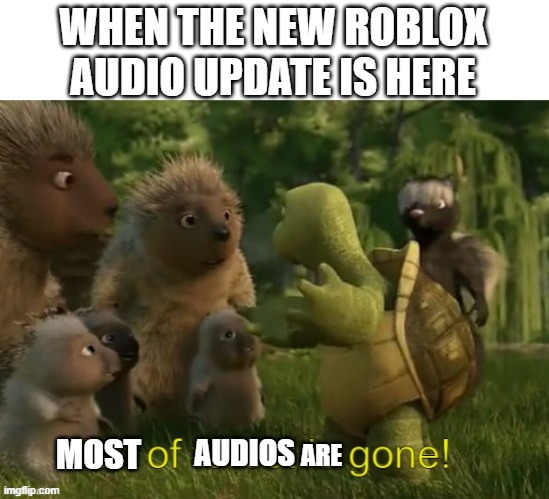The new Roblox audio update is just... worse. | WHEN THE NEW ROBLOX AUDIO UPDATE IS HERE; MOST; ARE; AUDIOS | image tagged in roblox,roblox meme,updates | made w/ Imgflip meme maker