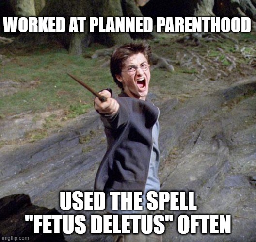 Easy Service | WORKED AT PLANNED PARENTHOOD; USED THE SPELL "FETUS DELETUS" OFTEN | image tagged in harry potter | made w/ Imgflip meme maker
