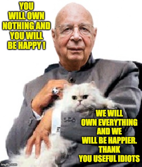 You won't own anything but they will own you | YOU WILL OWN NOTHING AND YOU WILL BE HAPPY ! WE WILL OWN EVERYTHING AND WE WILL BE HAPPIER. THANK YOU USEFUL IDIOTS | image tagged in klaus schwab | made w/ Imgflip meme maker