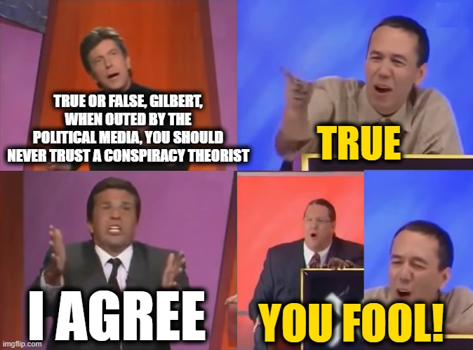You Fool | TRUE OR FALSE, GILBERT, WHEN OUTED BY THE POLITICAL MEDIA, YOU SHOULD NEVER TRUST A CONSPIRACY THEORIST TRUE I AGREE YOU FOOL! | image tagged in you fool | made w/ Imgflip meme maker