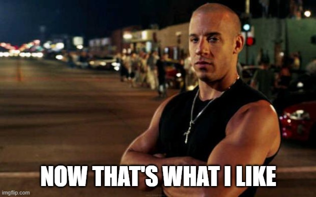 vin diesel | NOW THAT'S WHAT I LIKE | image tagged in vin diesel | made w/ Imgflip meme maker