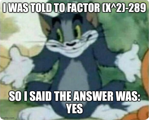 Tom Shrugging | I WAS TOLD TO FACTOR (X^2)-289 SO I SAID THE ANSWER WAS:
YES | image tagged in tom shrugging | made w/ Imgflip meme maker