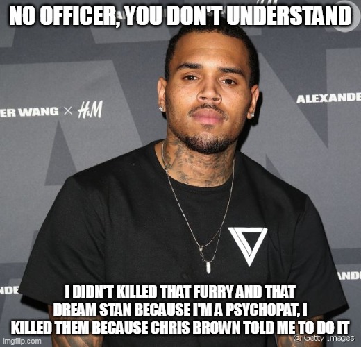 NO OFFICER, YOU DON'T UNDERSTAND; I DIDN'T KILLED THAT FURRY AND THAT DREAM STAN BECAUSE I'M A PSYCHOPAT, I KILLED THEM BECAUSE CHRIS BROWN TOLD ME TO DO IT | image tagged in memes,furry,dream smp,chris brown | made w/ Imgflip meme maker