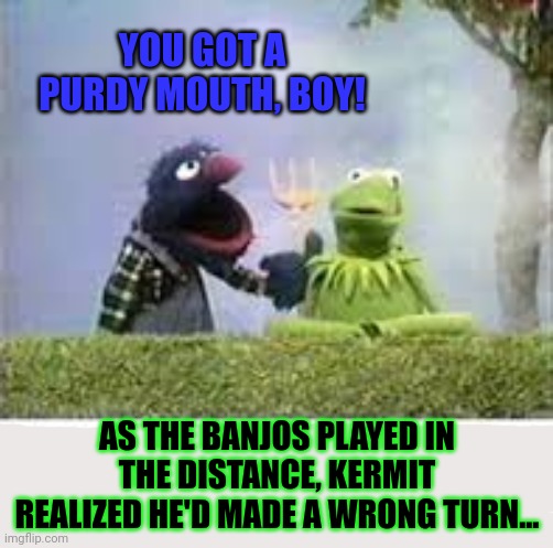 Deliverance | YOU GOT A PURDY MOUTH, BOY! AS THE BANJOS PLAYED IN THE DISTANCE, KERMIT REALIZED HE'D MADE A WRONG TURN... | image tagged in deliverance,redneck,assault,banjo,sweet home alabama | made w/ Imgflip meme maker