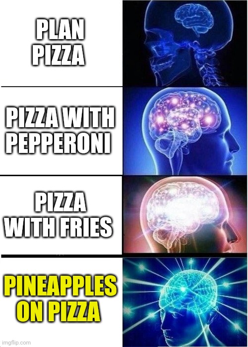I will not stop | PLAN PIZZA; PIZZA WITH PEPPERONI; PIZZA WITH FRIES; PINEAPPLES ON PIZZA | image tagged in memes,expanding brain | made w/ Imgflip meme maker