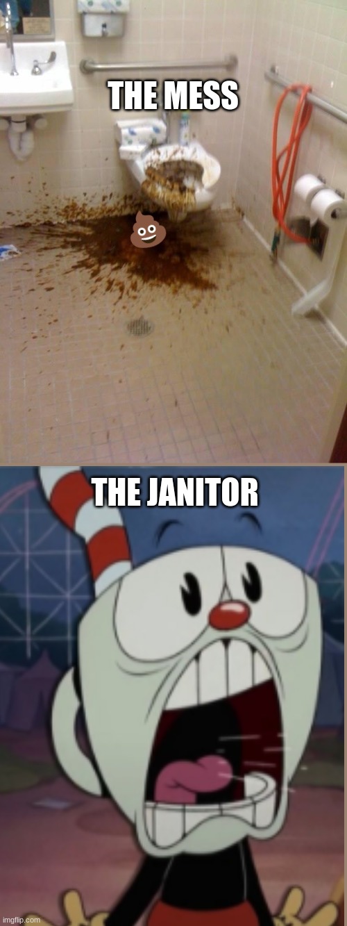 Girls poop too | THE MESS; 💩; THE JANITOR | image tagged in poop,janitor | made w/ Imgflip meme maker