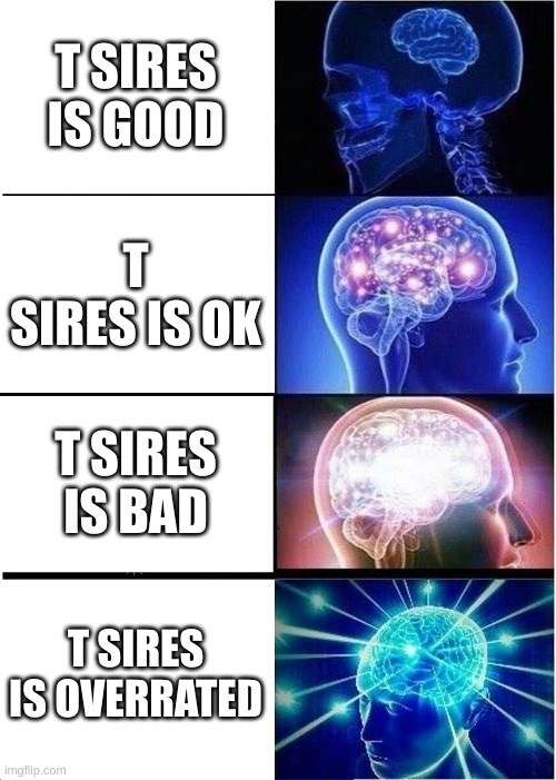 Expanding Brain | T SIRES IS GOOD; T SIRES IS OK; T SIRES IS BAD; T SIRES IS OVERRATED | image tagged in memes,expanding brain | made w/ Imgflip meme maker