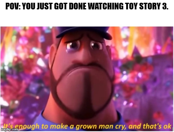 TS3. | POV: YOU JUST GOT DONE WATCHING TOY STORY 3. | image tagged in it's enough to make a grown man cry and that's ok | made w/ Imgflip meme maker