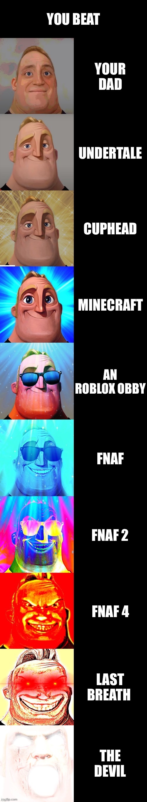 You beat _______ | YOU BEAT; YOUR DAD; UNDERTALE; CUPHEAD; MINECRAFT; AN ROBLOX OBBY; FNAF; FNAF 2; FNAF 4; LAST BREATH; THE DEVIL | image tagged in mr incredible becoming canny | made w/ Imgflip meme maker