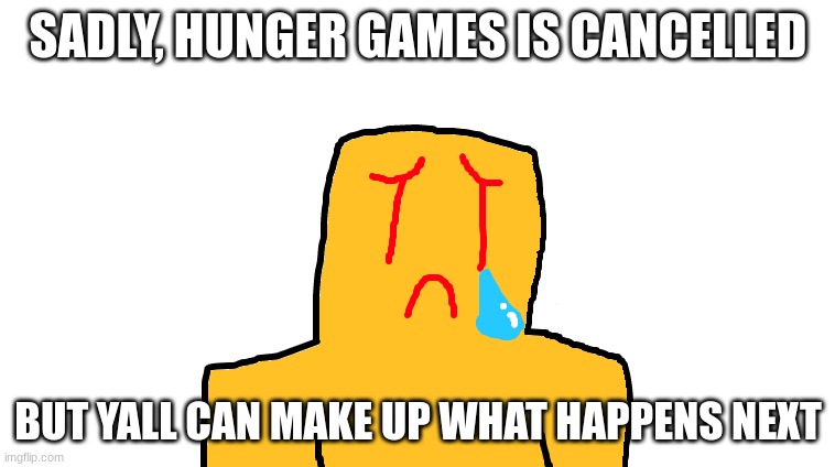 asoingbobgoer | SADLY, HUNGER GAMES IS CANCELLED; BUT YALL CAN MAKE UP WHAT HAPPENS NEXT | image tagged in asoingbobgoer | made w/ Imgflip meme maker