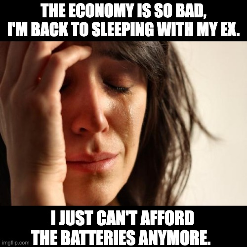 times are tough | THE ECONOMY IS SO BAD, I'M BACK TO SLEEPING WITH MY EX. I JUST CAN'T AFFORD THE BATTERIES ANYMORE. | image tagged in memes,first world problems | made w/ Imgflip meme maker