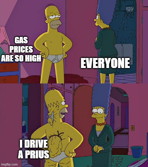 You don't get to complain if you have a Toyota Prius | GAS PRICES ARE SO HIGH; EVERYONE; I DRIVE A PRIUS | image tagged in homer simpson's back fat | made w/ Imgflip meme maker