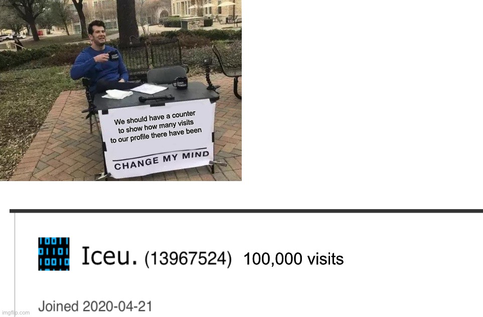 Something like this would be cool, and also maybe a growth chart to show how much you have grown | We should have a counter to show how many visits to our profile there have been; 100,000 visits | image tagged in memes,change my mind,blank white template | made w/ Imgflip meme maker