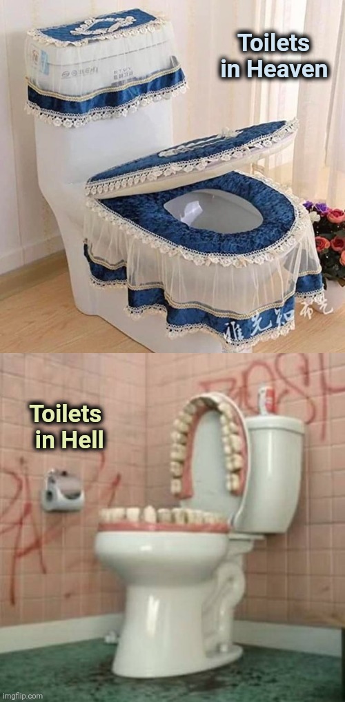 What a bite in the Ass | Toilets    
in Heaven; Toilets
    in Hell | image tagged in good luck,heaven vs hell,say that again and ill shove this ruler where the sun dont shine | made w/ Imgflip meme maker