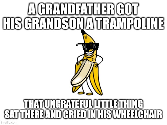 Blank White Template | A GRANDFATHER GOT HIS GRANDSON A TRAMPOLINE; THAT UNGRATEFUL LITTLE THING SAT THERE AND CRIED IN HIS WHEELCHAIR | image tagged in blank white template | made w/ Imgflip meme maker