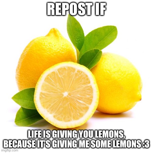 Repost if life gives u lemons | REPOST IF; LIFE IS GIVING YOU LEMONS, BECAUSE IT’S GIVING ME SOME LEMONS :3 | image tagged in when life gives you lemons | made w/ Imgflip meme maker