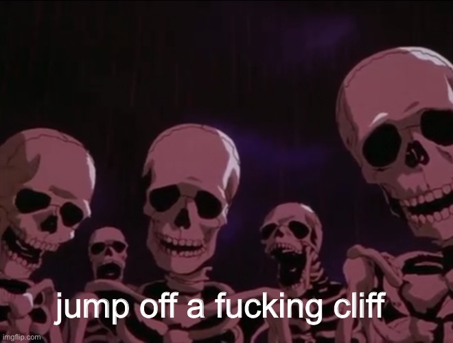 Hater skeletons | jump off a fucking cliff | image tagged in hater skeletons | made w/ Imgflip meme maker