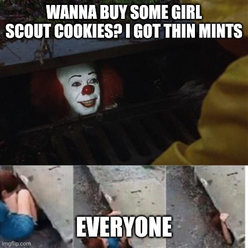 pennywise in sewer | WANNA BUY SOME GIRL SCOUT COOKIES? I GOT THIN MINTS; EVERYONE | image tagged in pennywise in sewer | made w/ Imgflip meme maker