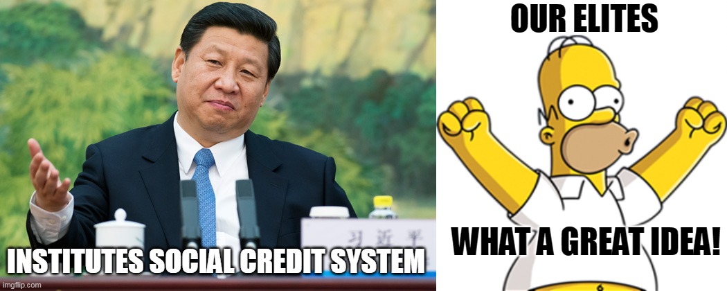 OUR ELITES INSTITUTES SOCIAL CREDIT SYSTEM WHAT A GREAT IDEA! | image tagged in xi jinping,homer happy | made w/ Imgflip meme maker