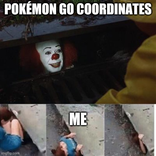 pennywise in sewer | POKÉMON GO COORDINATES; ME | image tagged in pennywise in sewer | made w/ Imgflip meme maker