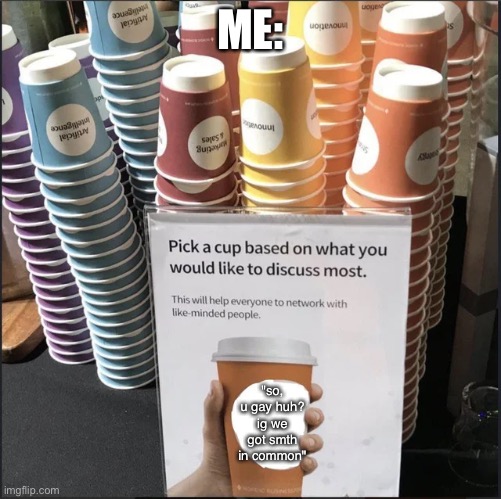 Pick A Cup Sign | ME:; "so, u gay huh? ig we got smth in common" | image tagged in pick a cup sign | made w/ Imgflip meme maker