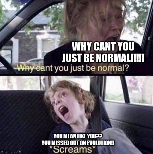 Why Can't You Just Be Normal | WHY CANT YOU JUST BE NORMAL!!!!! YOU MEAN LIKE YOU?? YOU MISSED OUT ON EVOLUTION!! | image tagged in why can't you just be normal | made w/ Imgflip meme maker