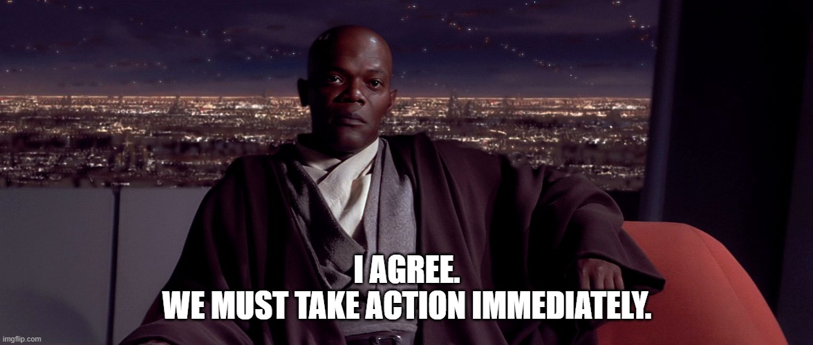 Mace Windu I agree | I AGREE.
WE MUST TAKE ACTION IMMEDIATELY. | image tagged in mace windu i agree | made w/ Imgflip meme maker