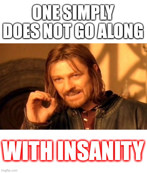 One Does Not Simply Meme | ONE SIMPLY DOES NOT GO ALONG WITH INSANITY | image tagged in memes,one does not simply | made w/ Imgflip meme maker