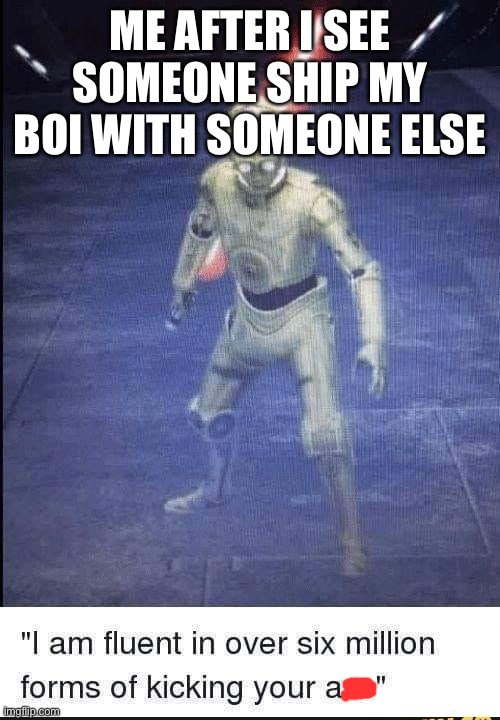 Just felt like posting this for no reason lol | ME AFTER I SEE SOMEONE SHIP MY BOI WITH SOMEONE ELSE | image tagged in fluent in over 6 million forms of kicking your ass | made w/ Imgflip meme maker