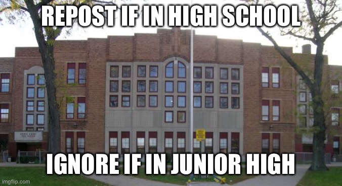 High School | REPOST IF IN HIGH SCHOOL; IGNORE IF IN JUNIOR HIGH | image tagged in high school | made w/ Imgflip meme maker