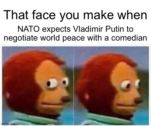 Monkey Puppet | That face you make when; NATO expects Vladimir Putin to negotiate world peace with a comedian | image tagged in memes,monkey puppet | made w/ Imgflip meme maker