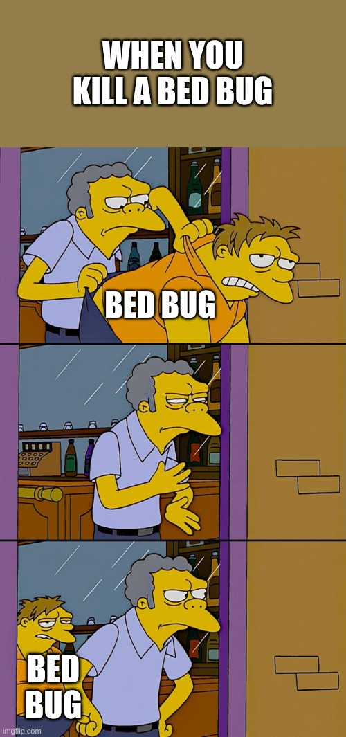 Moe throws Barney | WHEN YOU KILL A BED BUG; BED BUG; BED BUG | image tagged in moe throws barney | made w/ Imgflip meme maker