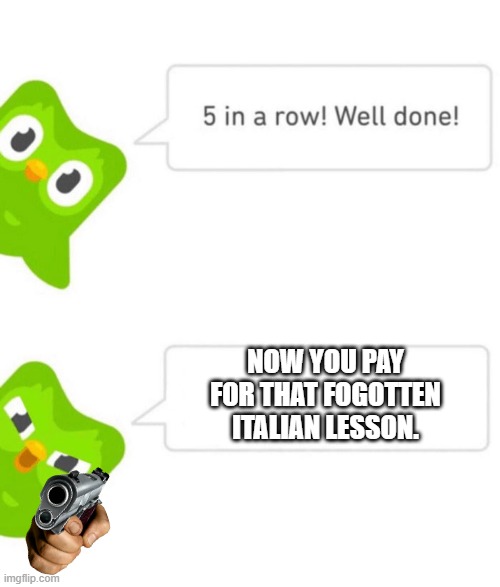 OH NOES | NOW YOU PAY FOR THAT FOGOTTEN ITALIAN LESSON. | image tagged in duolingo 5 in a row | made w/ Imgflip meme maker