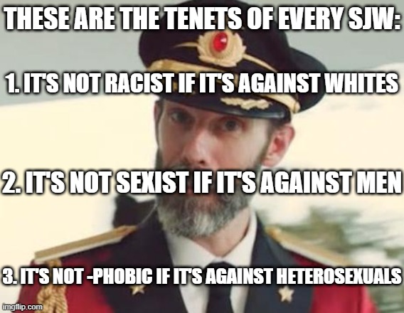 Tenets Of Every SJW | THESE ARE THE TENETS OF EVERY SJW:; 1. IT'S NOT RACIST IF IT'S AGAINST WHITES; 2. IT'S NOT SEXIST IF IT'S AGAINST MEN; 3. IT'S NOT -PHOBIC IF IT'S AGAINST HETEROSEXUALS | image tagged in captain obvious,racist,sexist,phobia,sjw,tenet | made w/ Imgflip meme maker