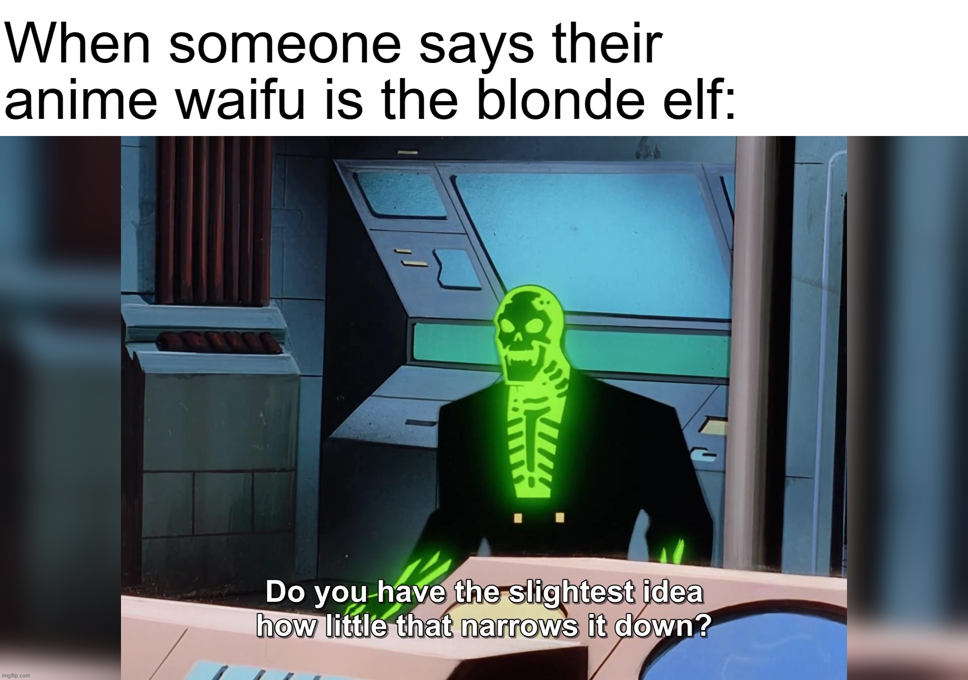 do you know how little that narrows it down | When someone says their anime waifu is the blonde elf: | image tagged in do you know how little that narrows it down | made w/ Imgflip meme maker