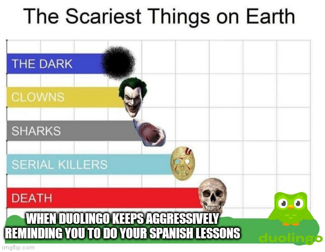 Duolingo is out to get you | WHEN DUOLINGO KEEPS AGGRESSIVELY REMINDING YOU TO DO YOUR SPANISH LESSONS | image tagged in scariest things on earth,duolingo,duolingo bird,relatable,funny memes | made w/ Imgflip meme maker